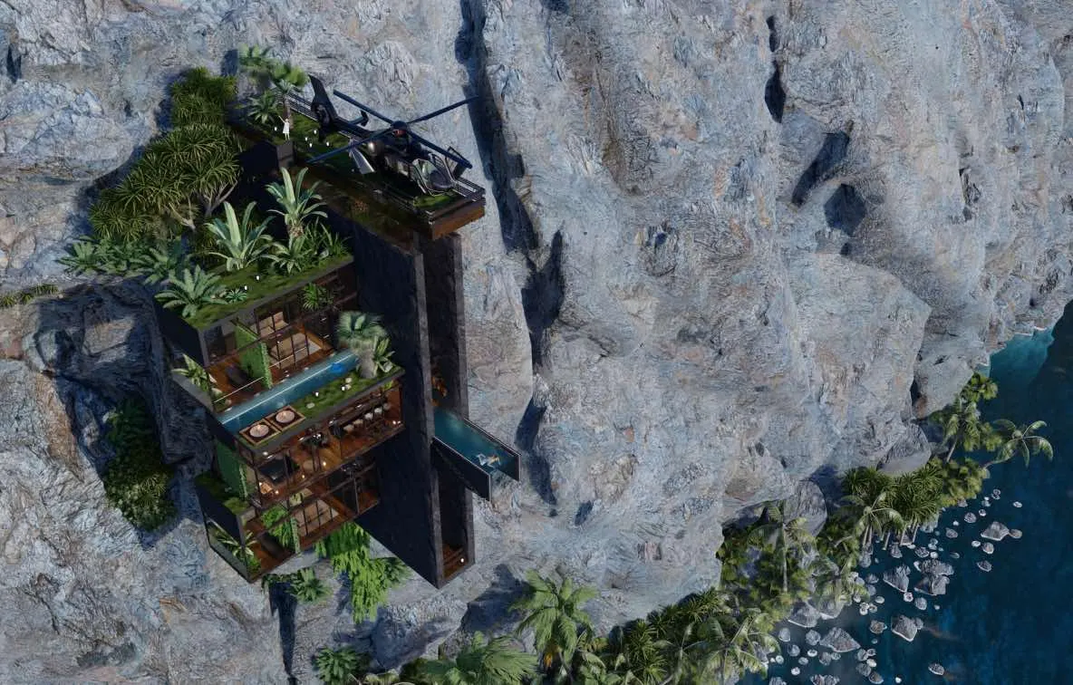 Casa din stâncă este perfectă pentru un miliardar aventuros. Deocamdată este doar un concept!