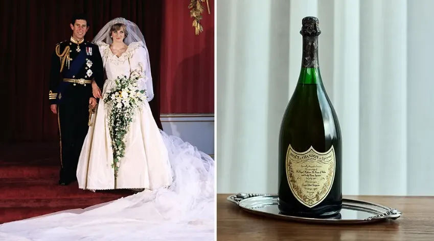 O sticlă de Dom Pérignon din 1961 de la nunta lui Regelui Charles cu prințesa Diana, scoasă la licitație